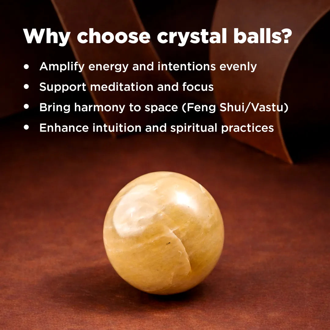 Crystal ball on a dark brown surface with text explaining benefits