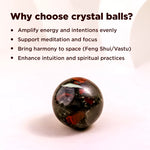 Crystal ball with text explaining benefits on a light pink background