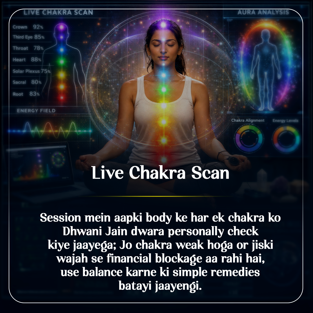 Person meditating with chakra color overlay and text about live chakra scan service.