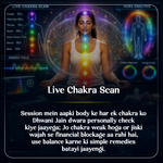 Person meditating with chakra color overlay and text about live chakra scan service.