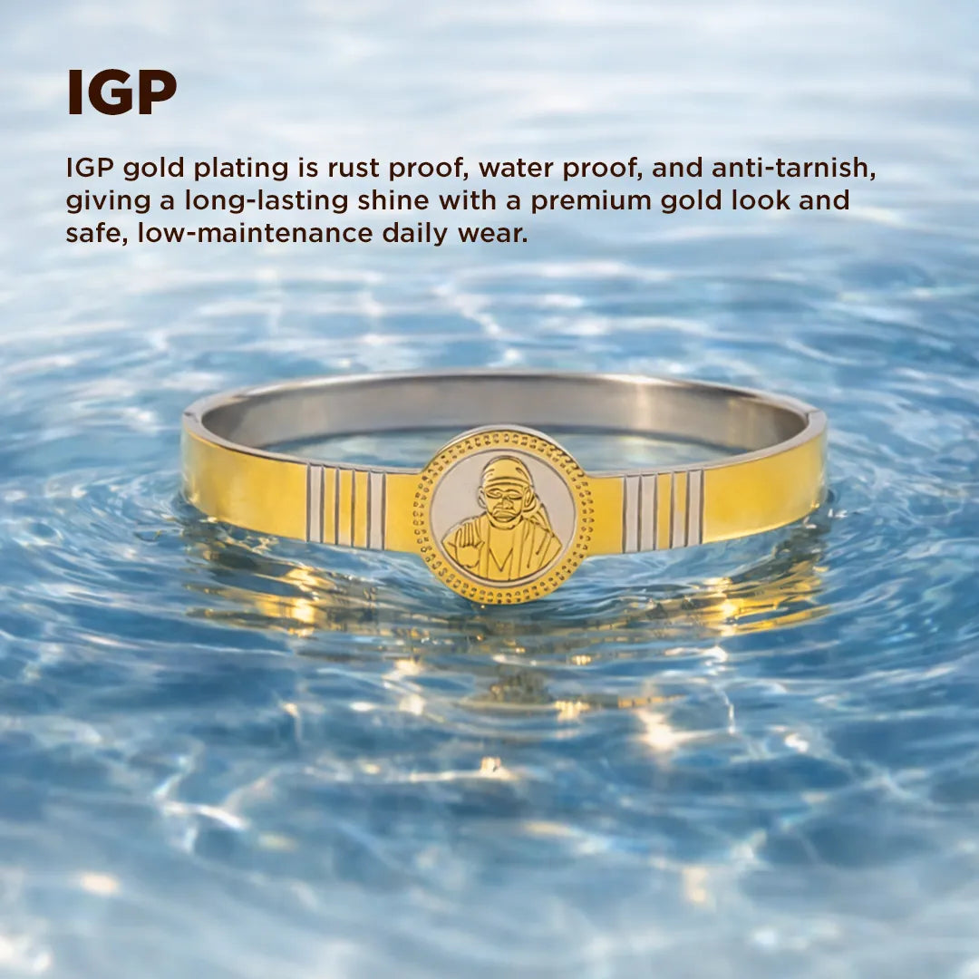 Gold and silver bracelet with engraved design in water, featuring IGP gold plating text.Sai Baba Kada – IGP Gold Plated Devotional Kada for Faith, Protection & Positivity