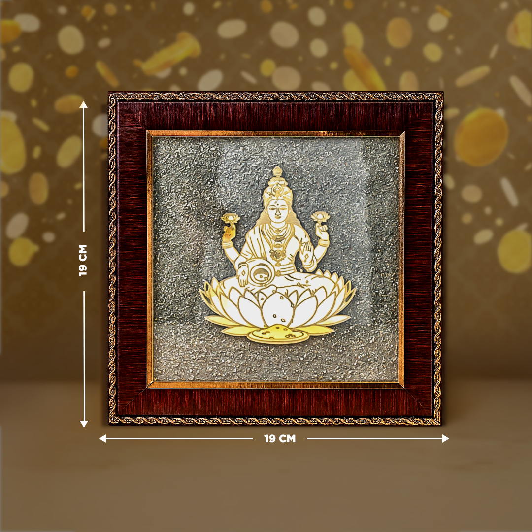 Decorative wall art with a figure on a lotus and measurements on a brown backgroundLaxmi Ji Raw Pyrite Frame - Prosperity & Wealth Energy Frame