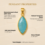 Gold pendant with turquoise stone on a beige background with text detailing properties.