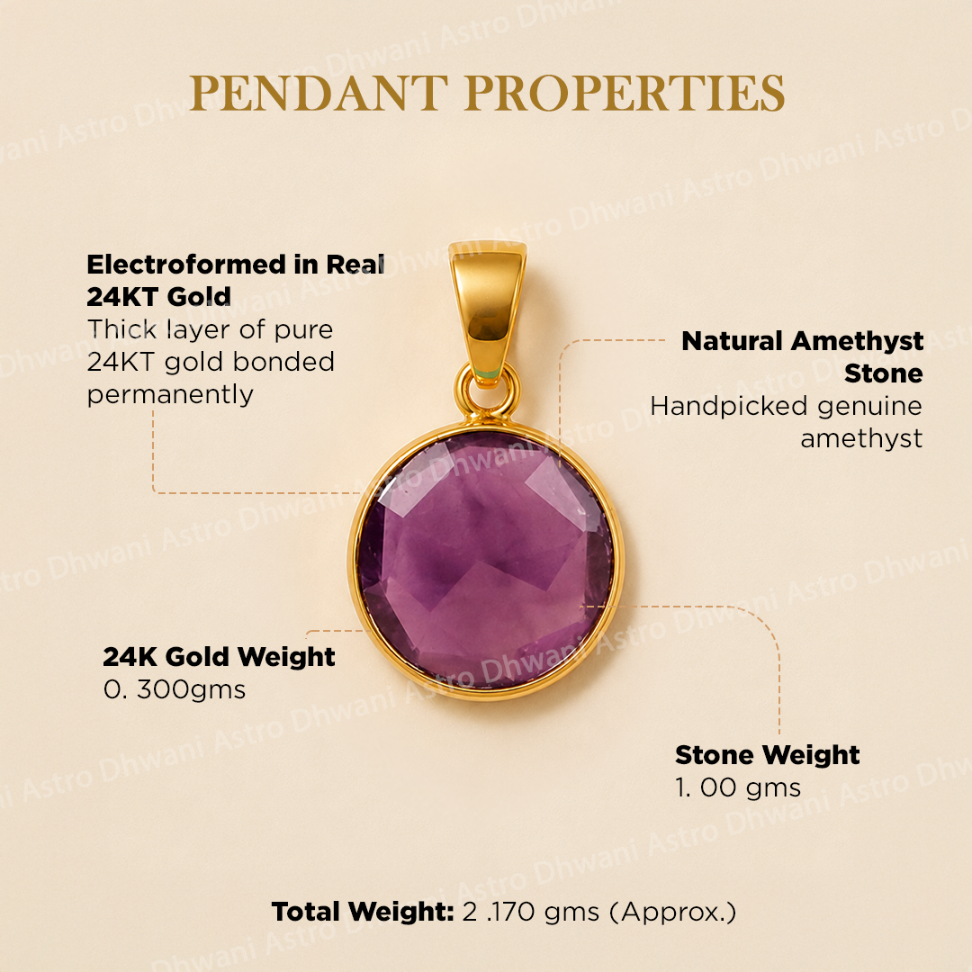 Gold pendant with amethyst stone on a beige background with text detailing properties.