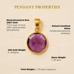 Gold pendant with amethyst stone on a beige background with text detailing properties.