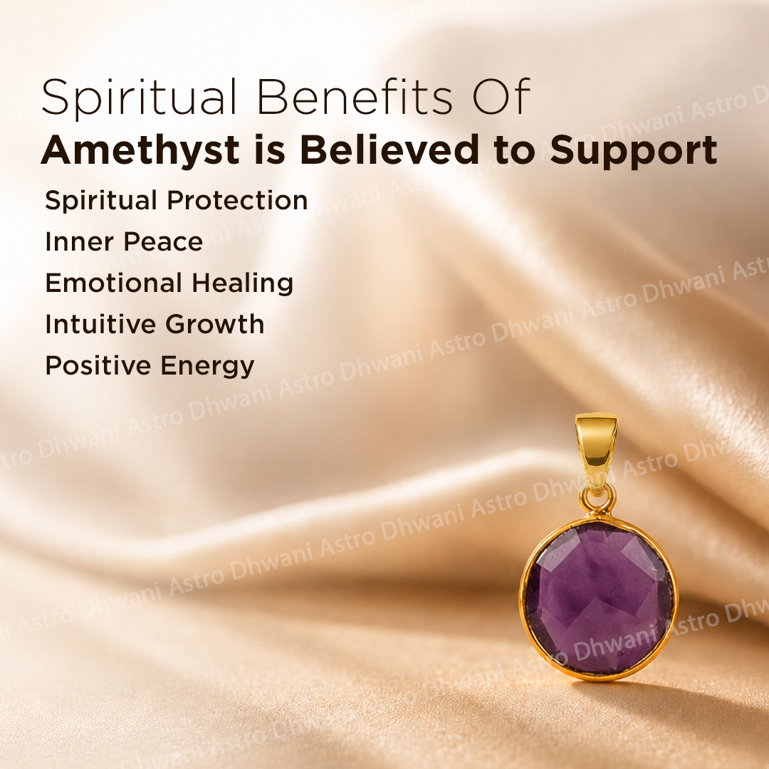 Amethyst pendant on a satin background with text about spiritual benefitsRound Amethyst Aura Pendant in Real 24KT Gold with Luxury Crystal
