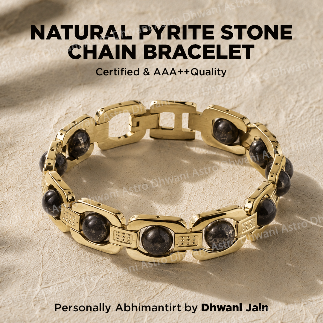 Gold chain bracelet with pyrite stones on a beige background, featuring text about certification and quality.