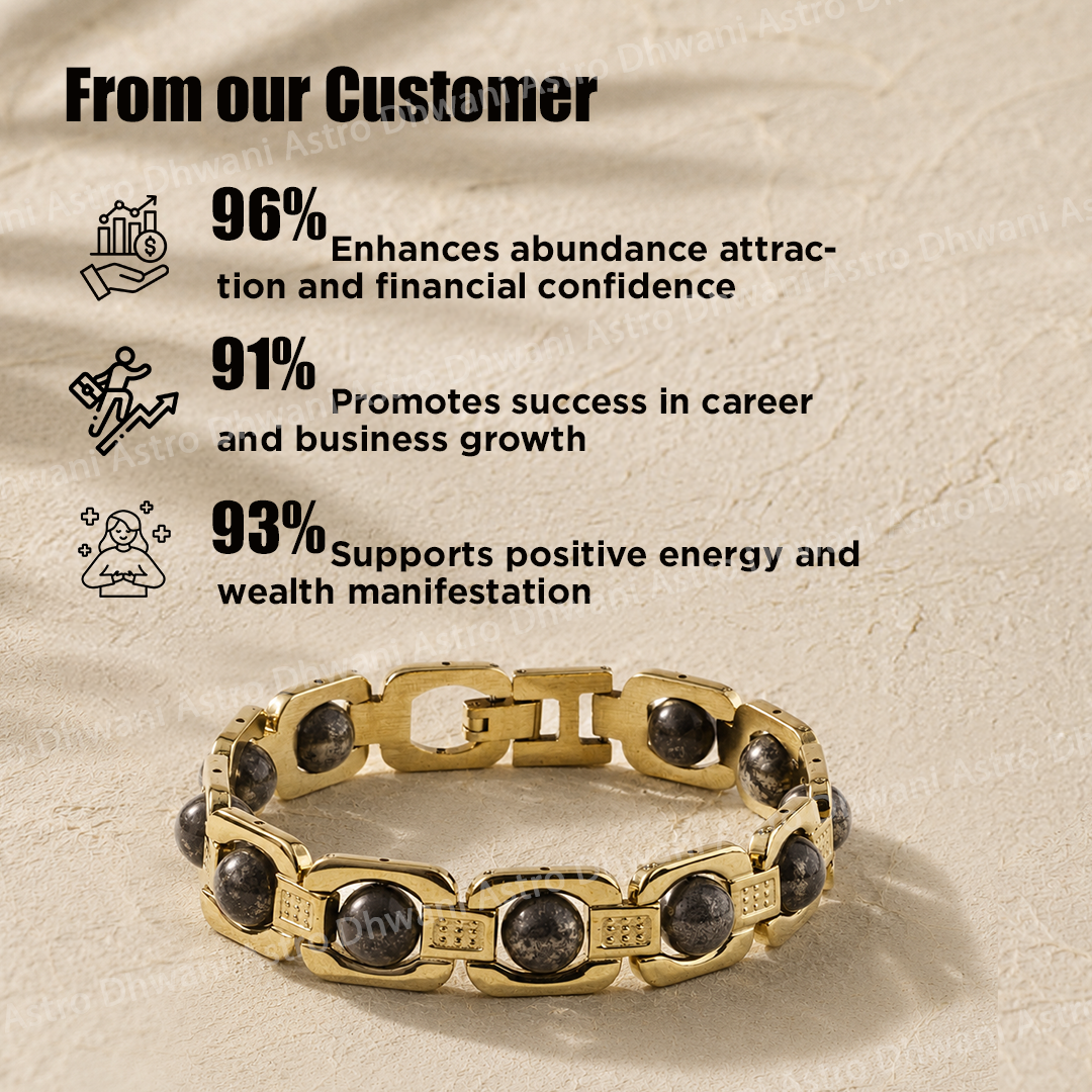 Gold bracelet with black stones on a textured beige background with customer feedback text.Natural Pyrite Stone Chain Bracelet for Prosperity & Confidence