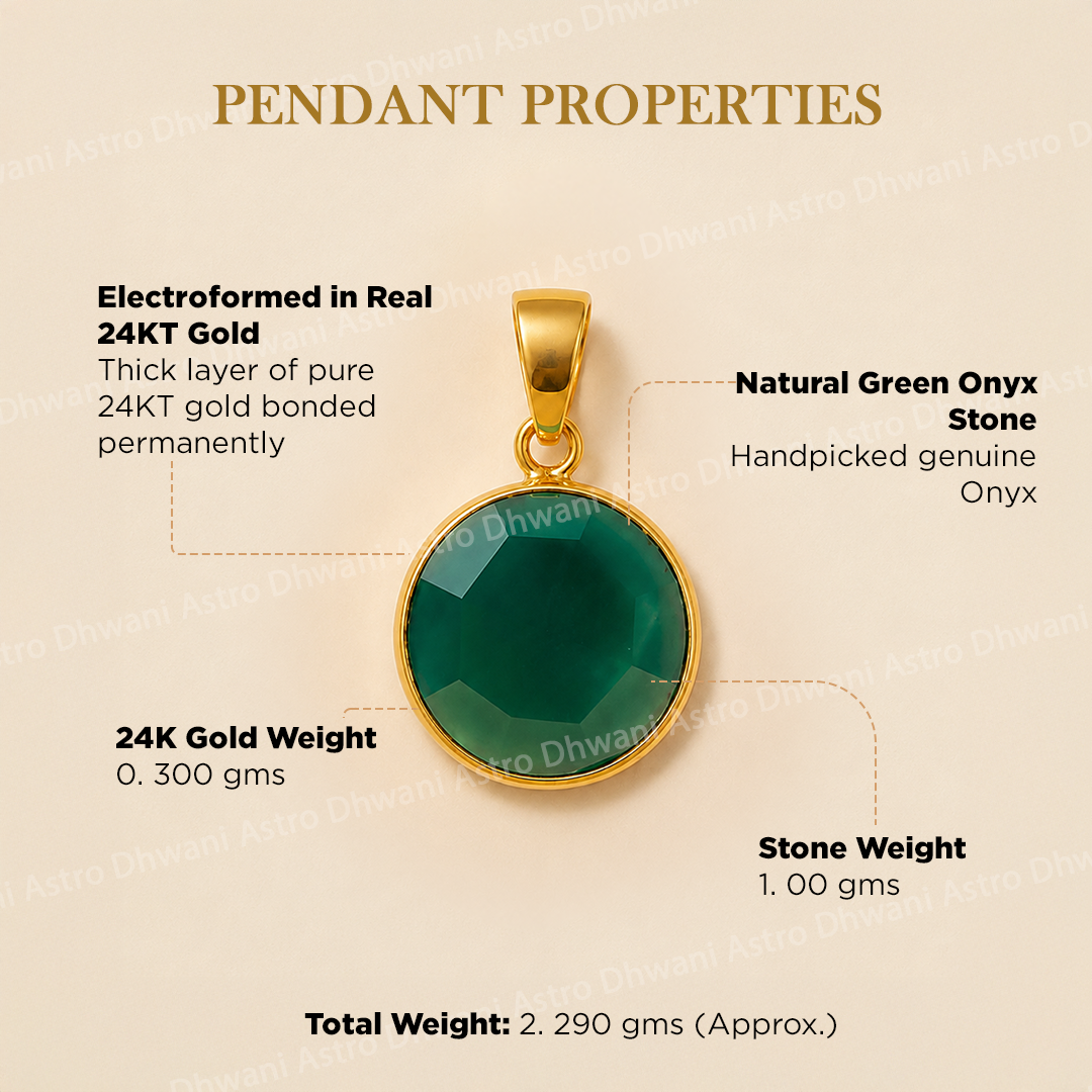 Gold pendant with green onyx stone on a beige background