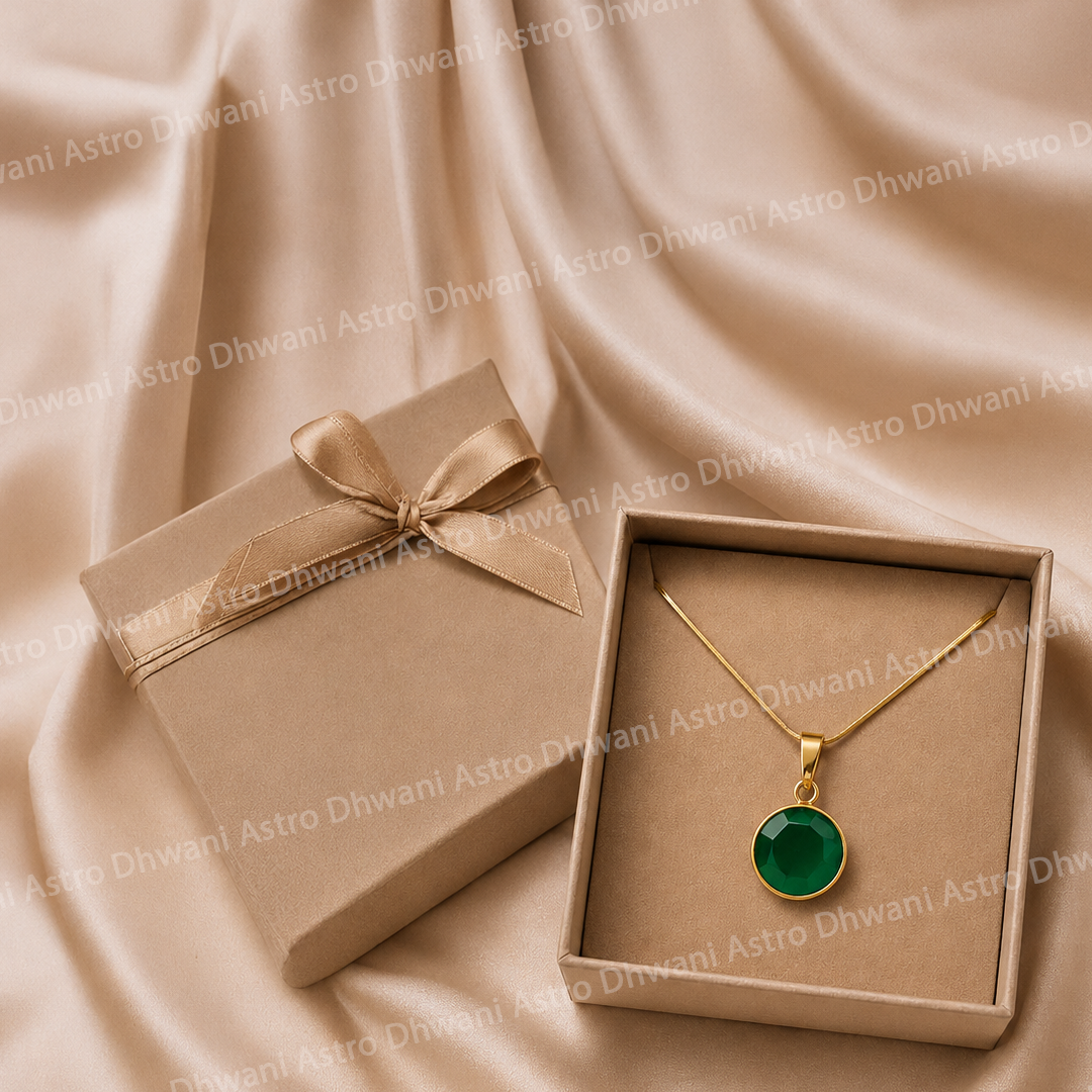 Gold necklace with a green pendant in a box on a beige fabric backgroundRound Green Onyx Aura Pendant in Real 24KT Gold Electroformed