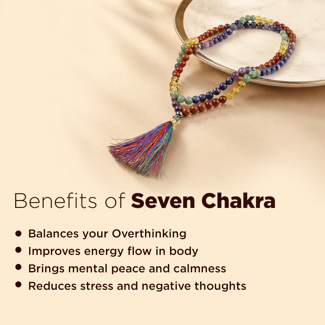 Colorful beaded bracelet with tassel on a beige background, featuring the benefits of Seven Chakra.