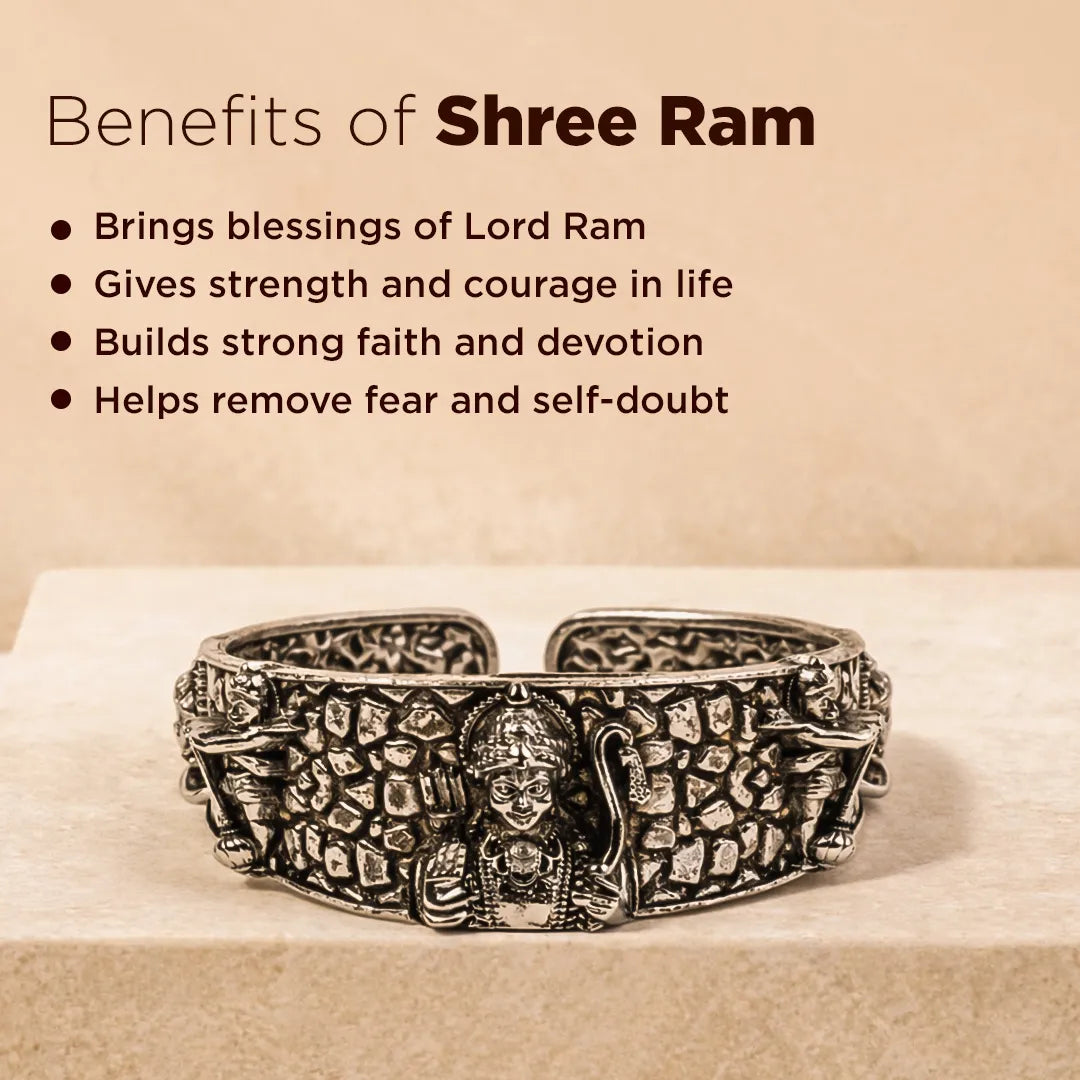 Decorative bracelet with engraved design on a beige background, featuring text about the benefits of Shree Ram.