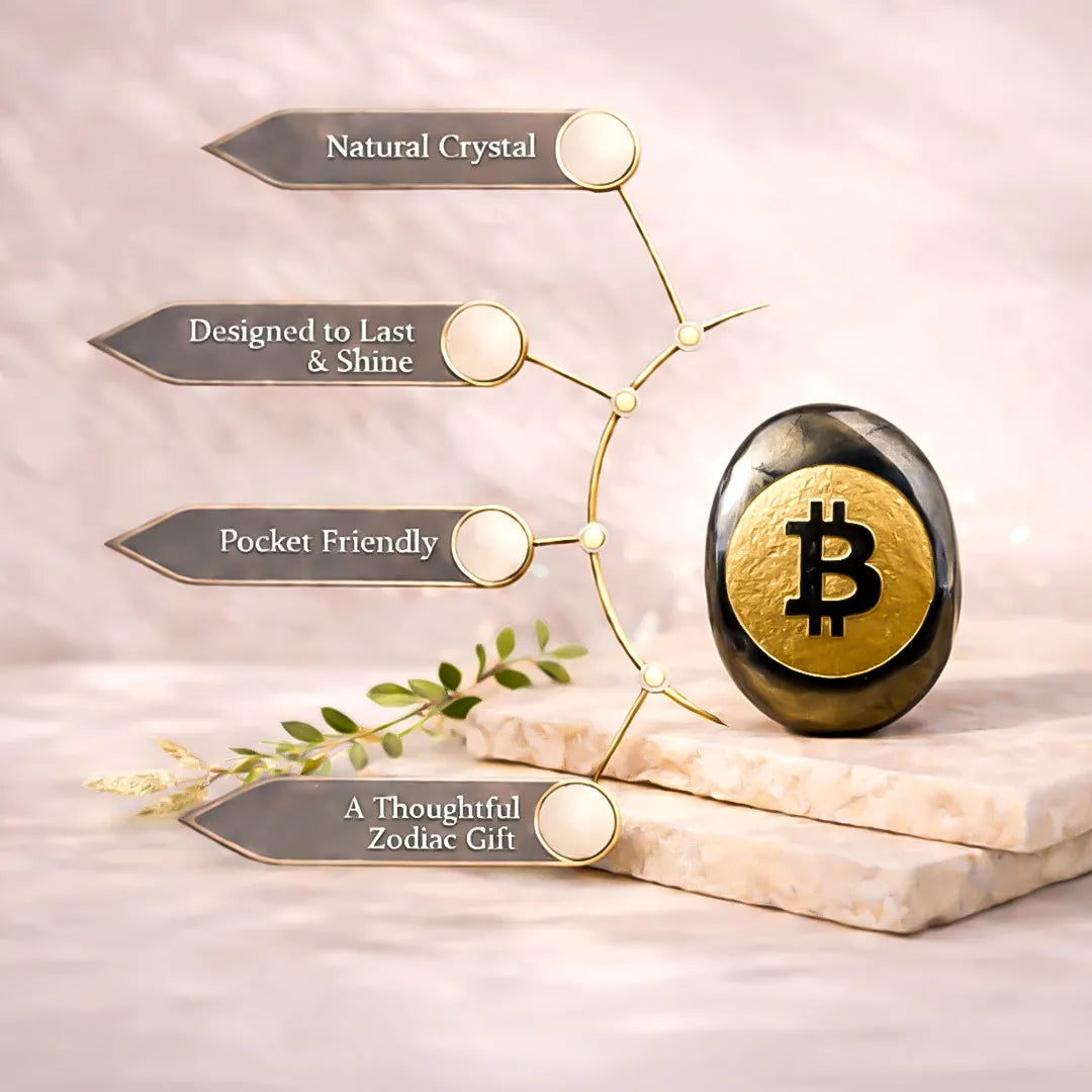 Gold Bitcoin symbol on a natural crystal with promotional text on a light background