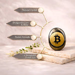 Gold Bitcoin symbol on a natural crystal with promotional text on a light background