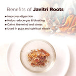 Benefits of Javitri Roots with a bowl of roots and people in traditional attire in the background.