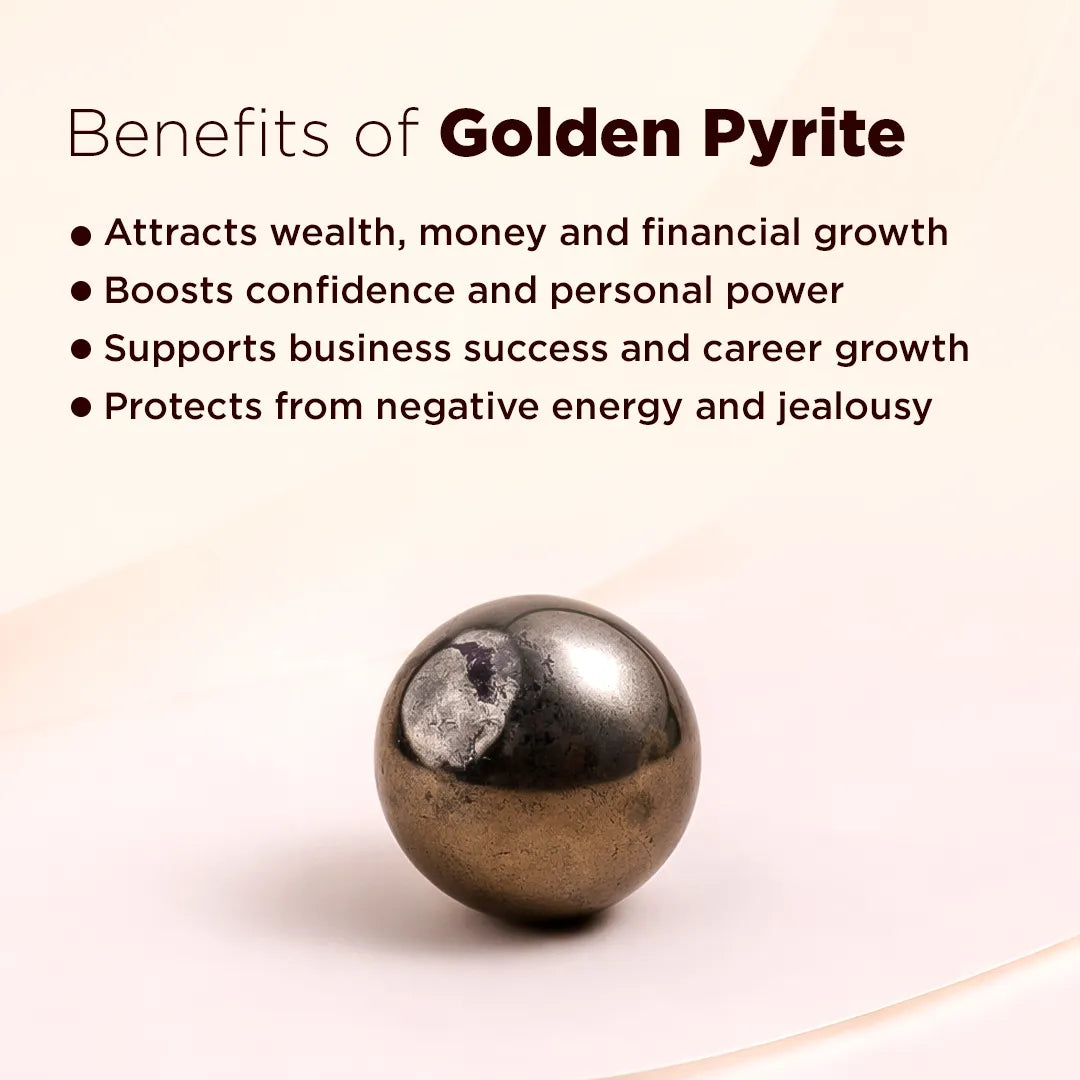 Golden pyrite stone with text listing its benefits on a beige background