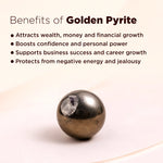 Golden pyrite stone with text listing its benefits on a beige background