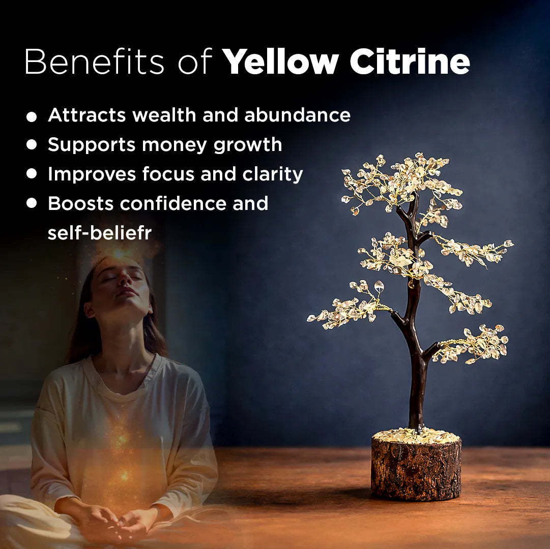 Woman meditating with a yellow citrine tree on a dark background