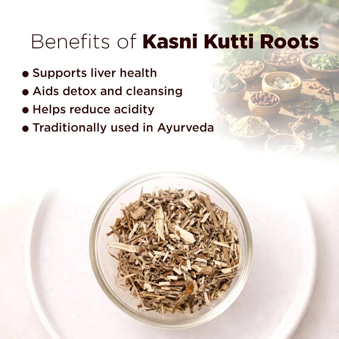 Glass bowl with kasni kutti roots and benefits listed on a white background