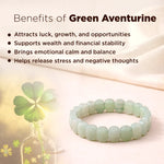 Green aventurine bracelet with clover and bottle graphic on a beige background, featuring text about benefits.