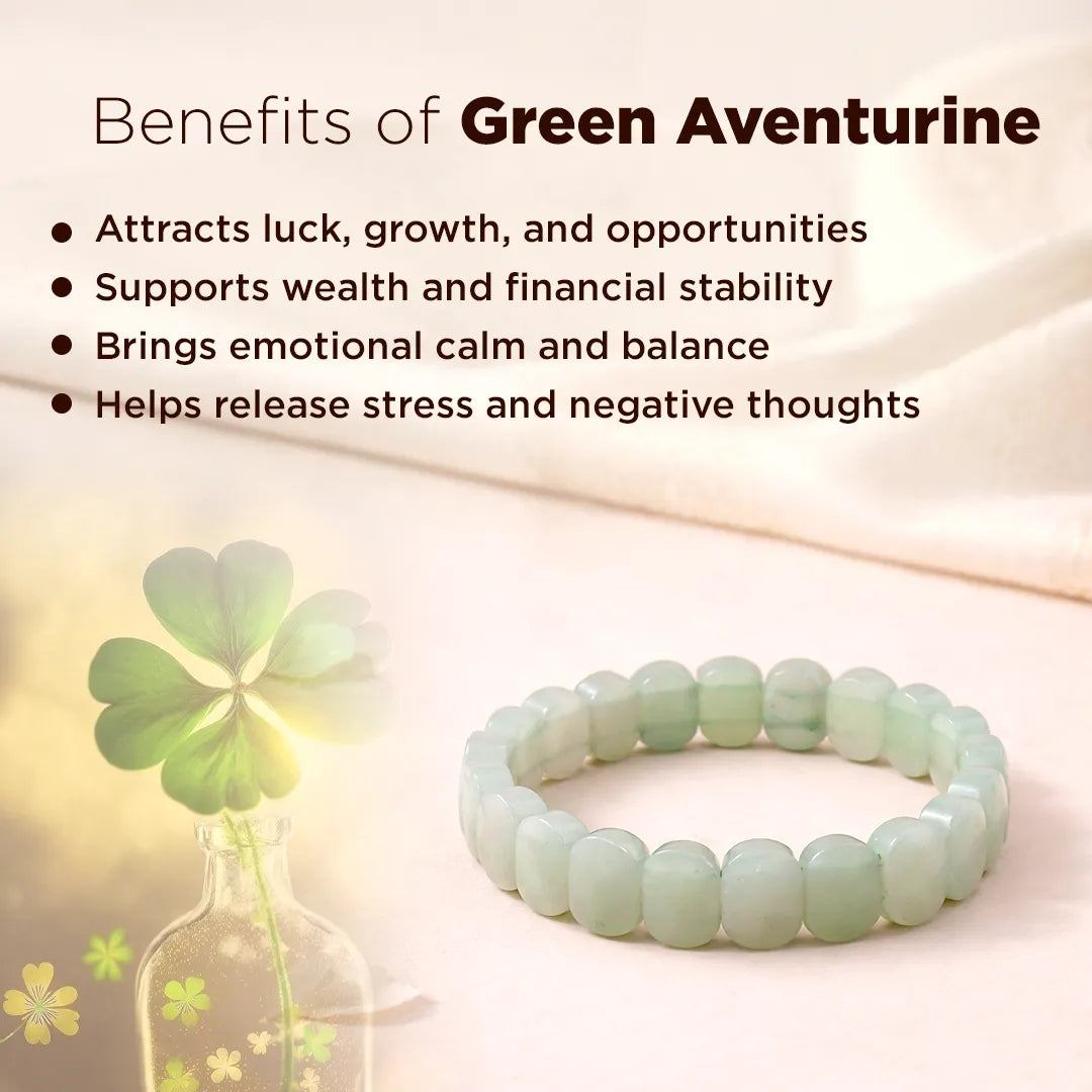 Green aventurine bracelet with clover and bottle graphic on a beige background, featuring text about benefits.Green Aventurine Emerald Cut Bracelet – Luck, Growth & Emotional Balance