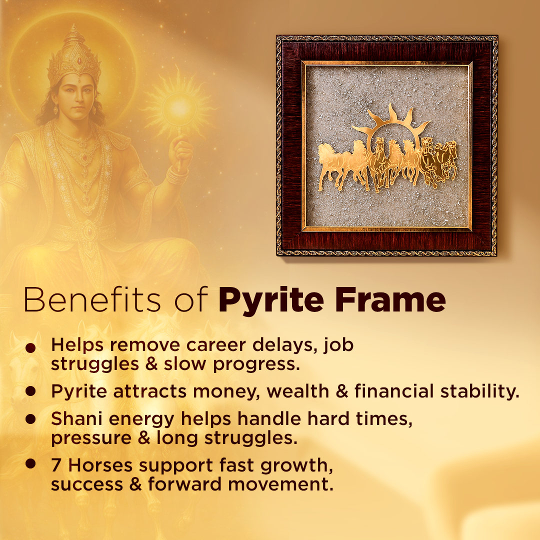 Pyrite frame with Shani energy depiction and benefits text on a warm background7 Horses Raw Pyrite Frame - Vastu Success & Wealth Frame