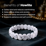 White howlite bracelet with benefits listed on a dark background