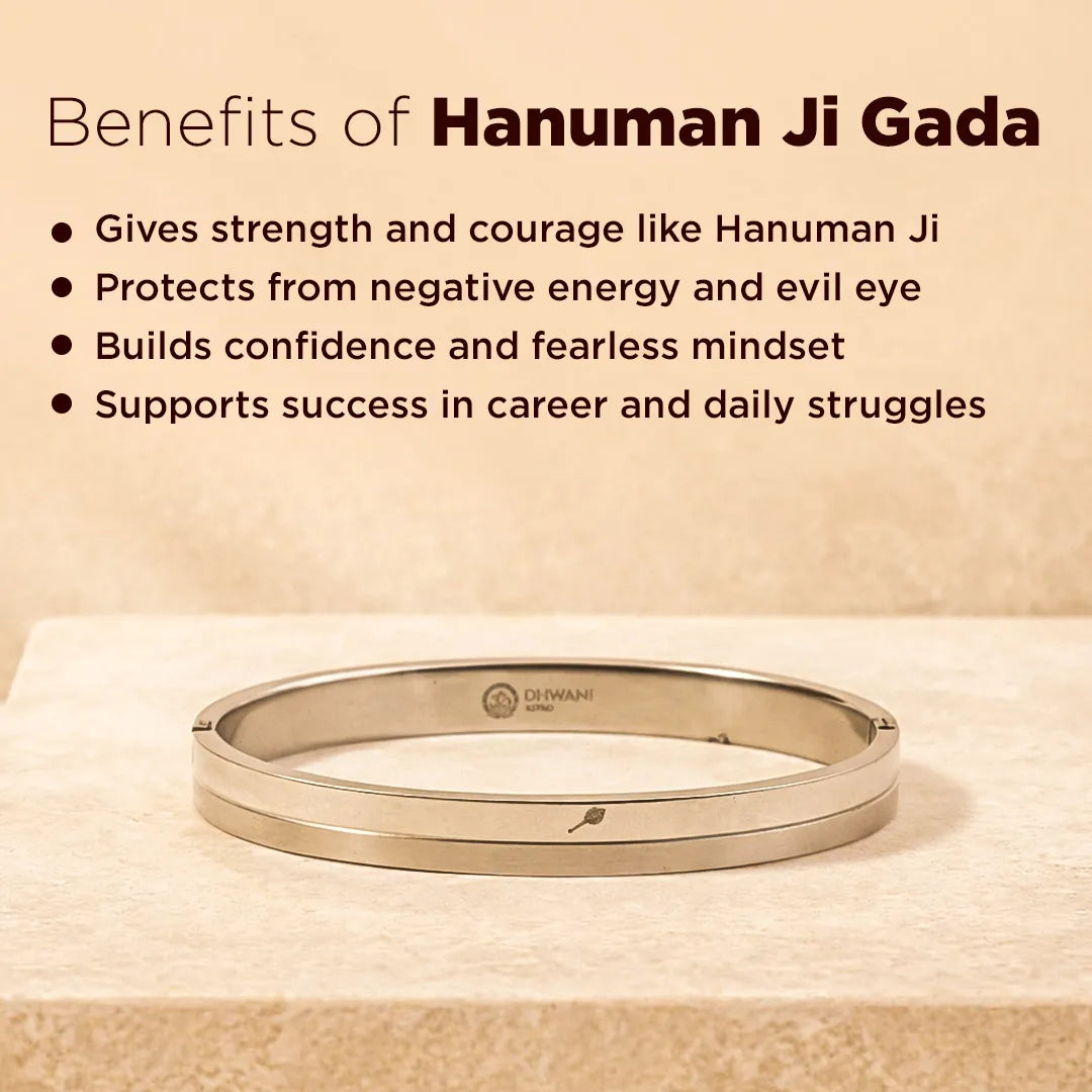 Silver bracelet with 'Hanuman Ji Gada' text on a beige background