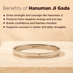 Silver bracelet with 'Hanuman Ji Gada' text on a beige background