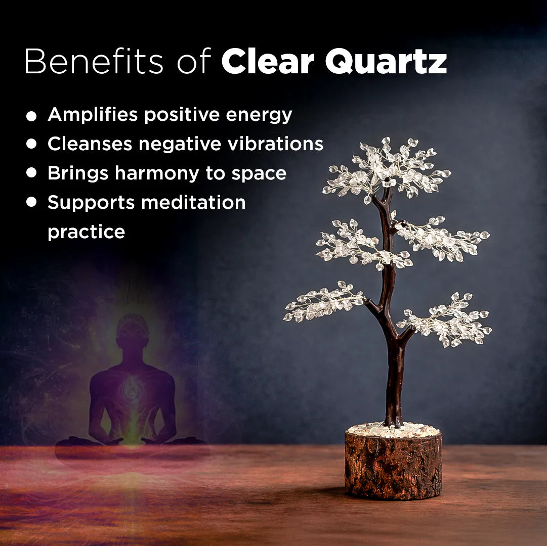 Clear quartz tree with a silhouette of a meditating person against a dark background, featuring text on the benefits of clear quartz.Clear Quartz Crystal Tree – Removes Depression, Anger & Anxiety