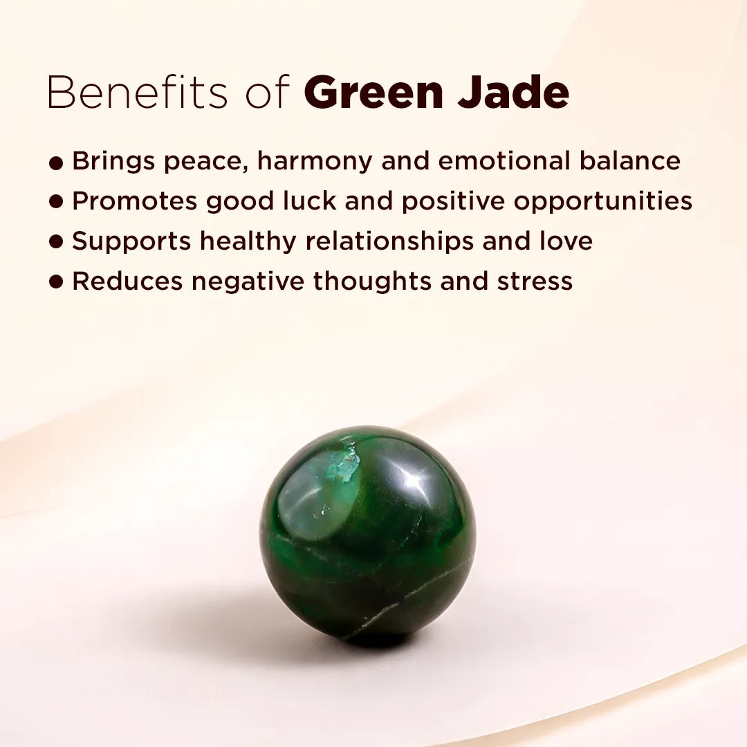 Green jade stone with text listing benefits on a beige background
