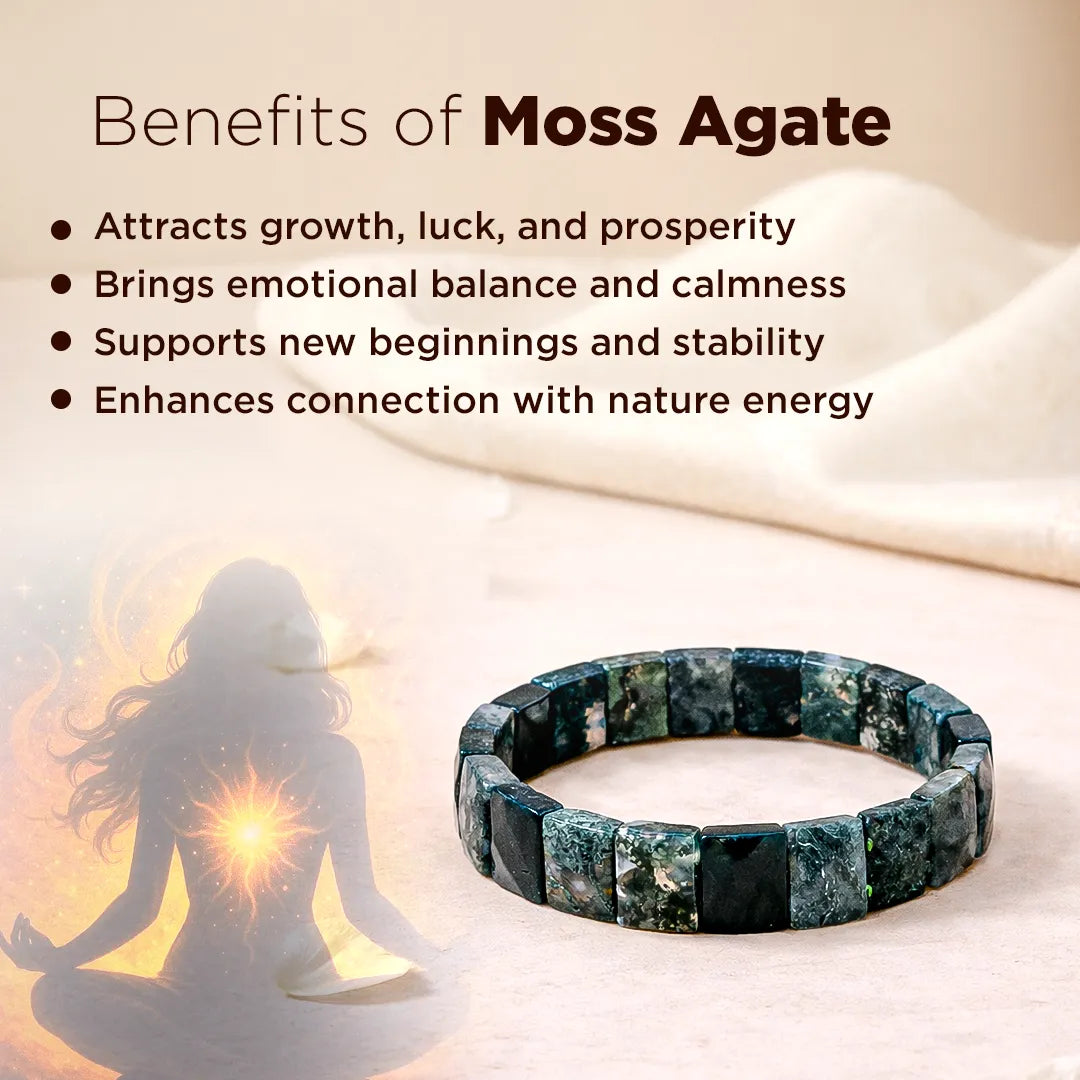 Moss Agate bracelet with benefits listed on a soft background