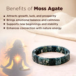 Moss Agate bracelet with benefits listed on a soft background
