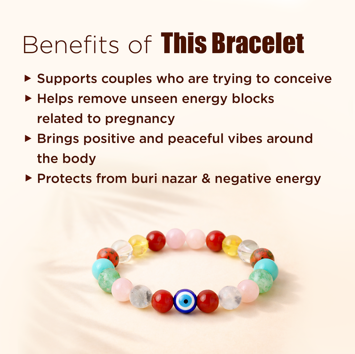 Colorful beaded bracelet with an evil eye charm on a beige background, featuring text about the bracelet's benefits.