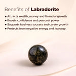 Labradorite stone with benefits listed on a beige background