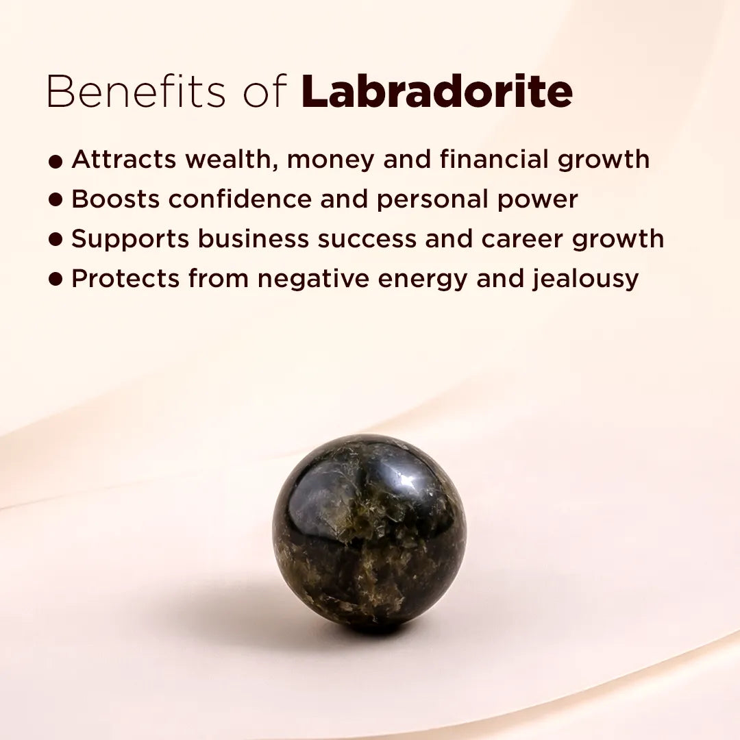Labradorite stone with benefits listed on a beige backgroundNatural Labradorite Crystal Ball – Abhimantrit & Certified