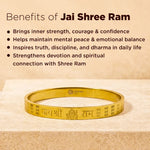 Gold bracelet with 'Jai Shree Ram' engraving on a beige background with text about benefits.