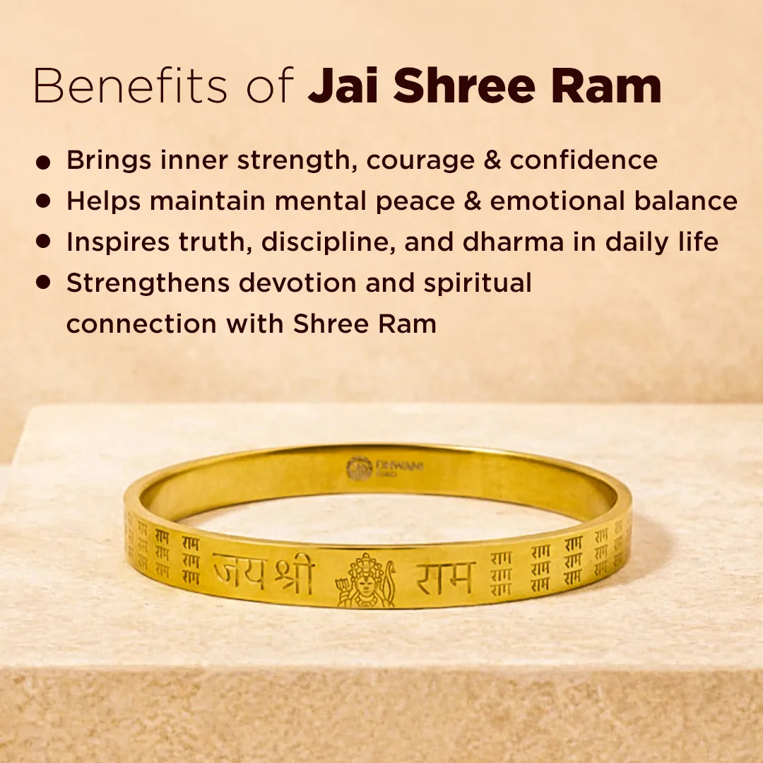 Gold bracelet with 'Jai Shree Ram' engraving on a beige background with text about benefits.Jai Shree Ram Kada – IGP Gold Plated Devotional Kada for Strength & Protection