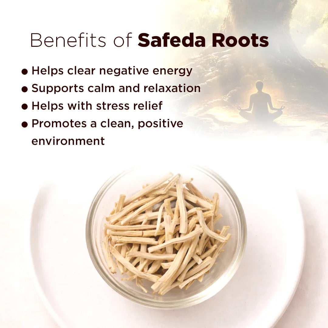 Benefits of Safeda Roots with a bowl of roots and a person meditating in the backgroundSafeda Roots – Natural Remedy for Mental Clarity & Energy Cleansing