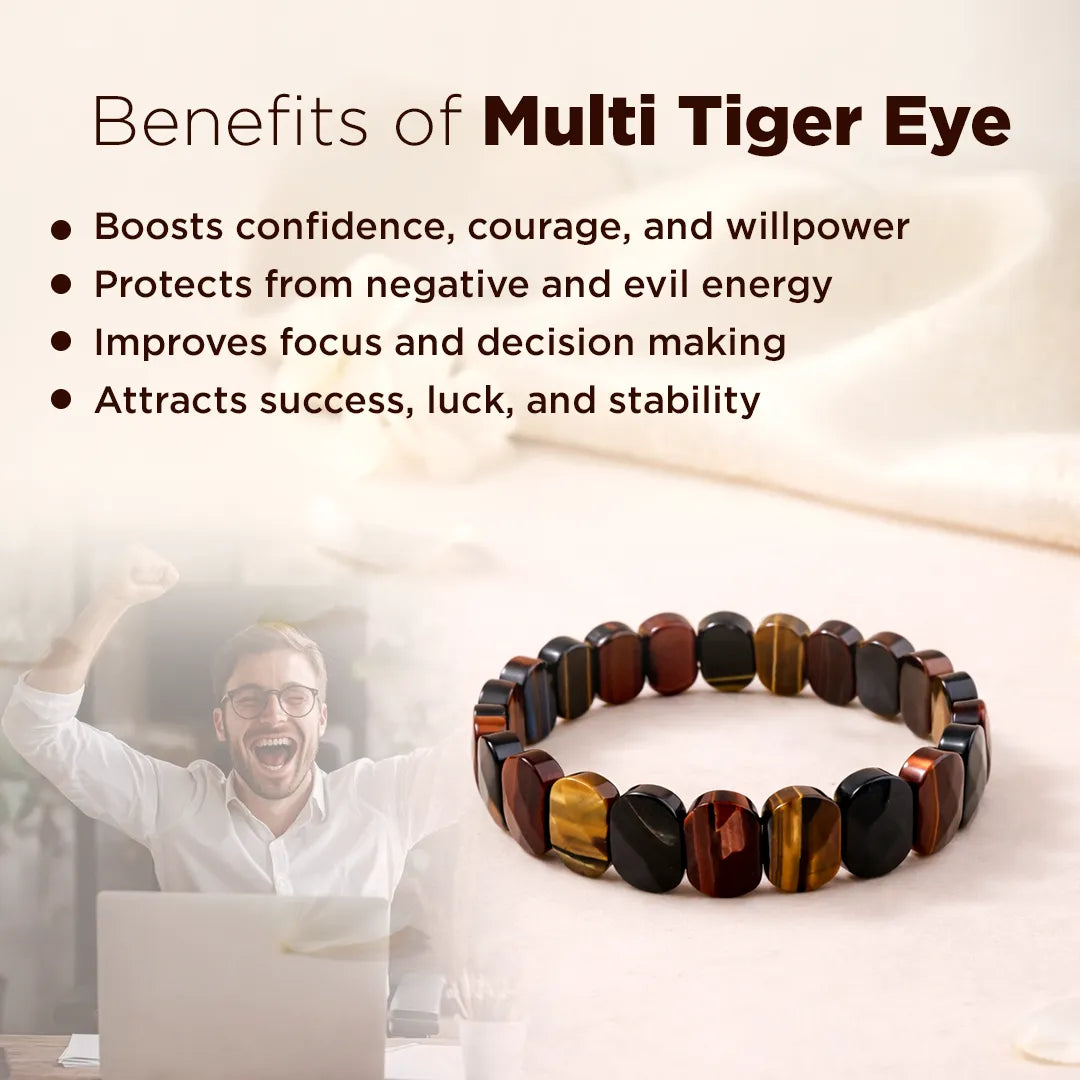 Multi Tiger Eye bracelet with text on benefits on a blurred background of a person using a laptop.