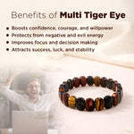 Multi Tiger Eye bracelet with text on benefits on a blurred background of a person using a laptop.