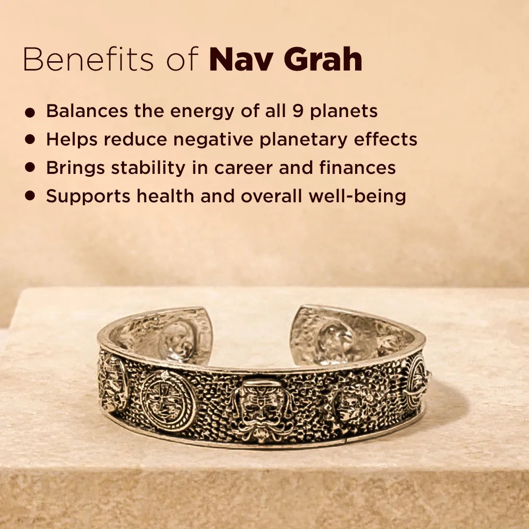 Decorative bracelet with text about the benefits of Nav Grah on a beige background