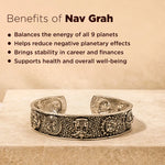 Decorative bracelet with text about the benefits of Nav Grah on a beige background