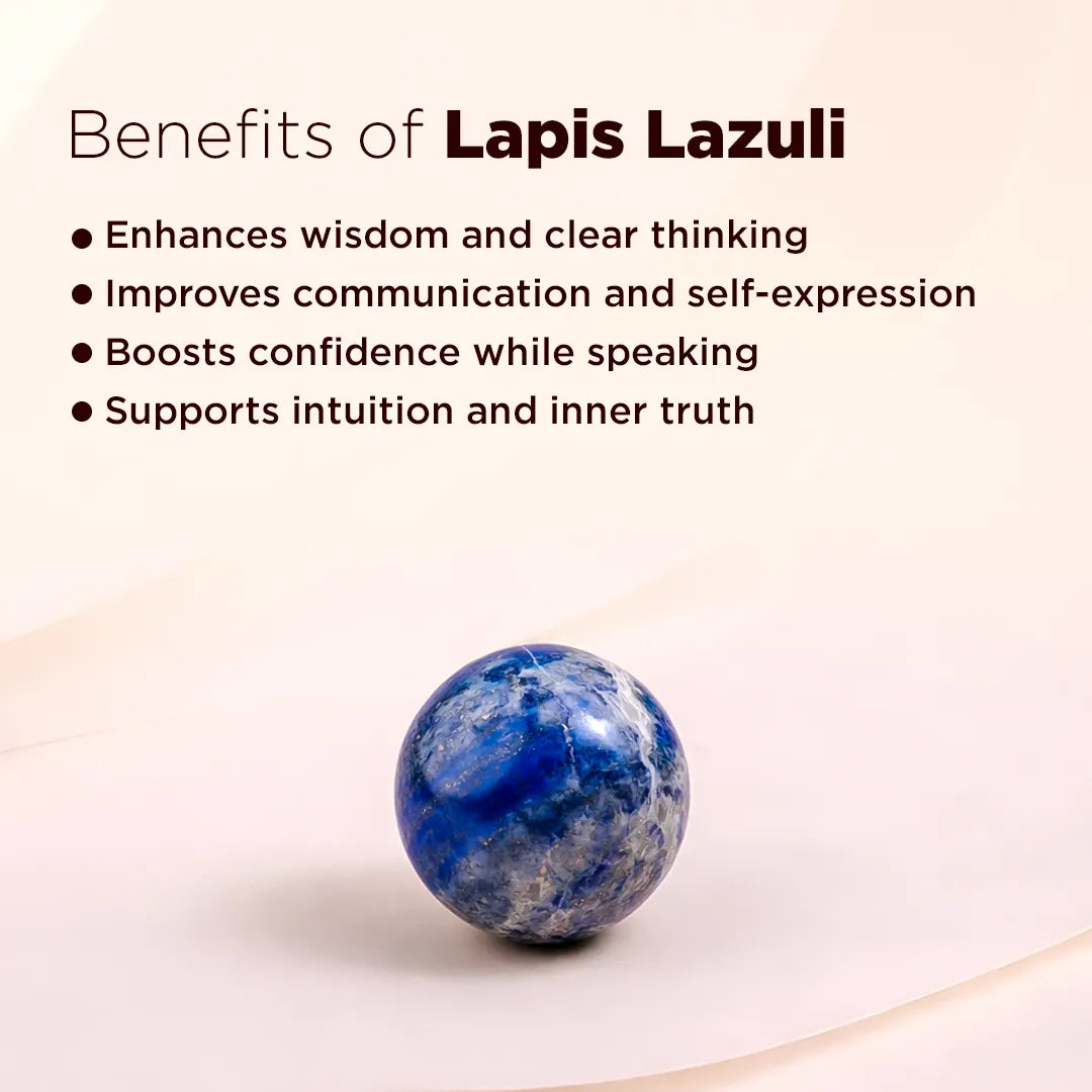 Lapis Lazuli stone with benefits listed on a light background