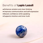 Lapis Lazuli stone with benefits listed on a light background