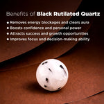 Black rutilated quartz stone on a brown background with text about its benefits.