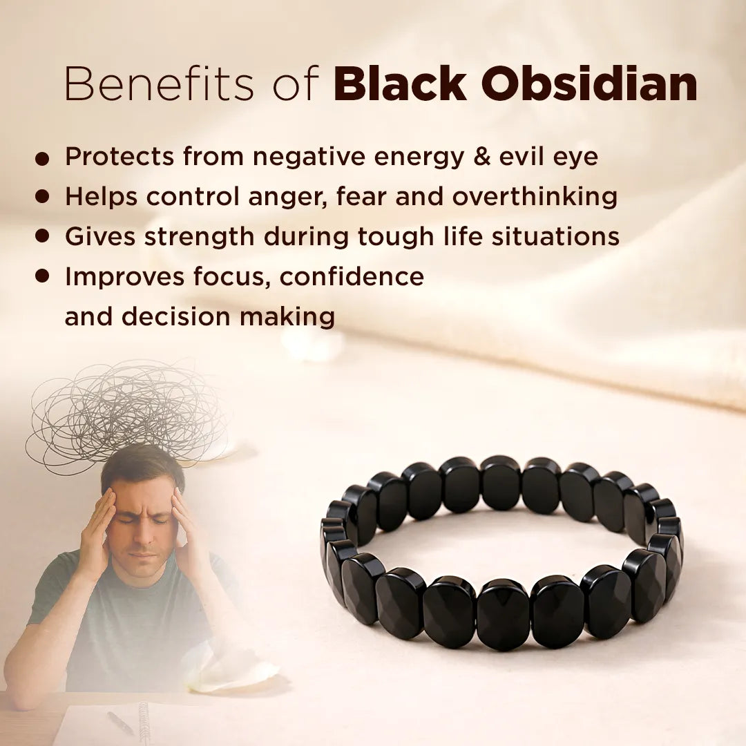 Black obsidian bracelet with benefits listed on a beige background