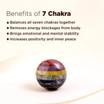 Colorful chakra stone with text listing benefits of 7 Chakra on a light background