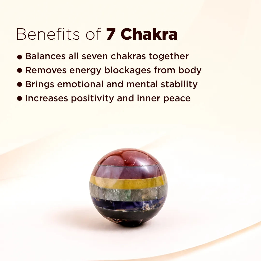 Colorful chakra stone with text listing benefits of 7 Chakra on a light backgroundNatural 7 Chakra Crystal Ball – Abhimantrit & Certified