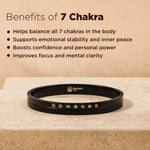 Black chakra bracelet with benefits listed on a beige background